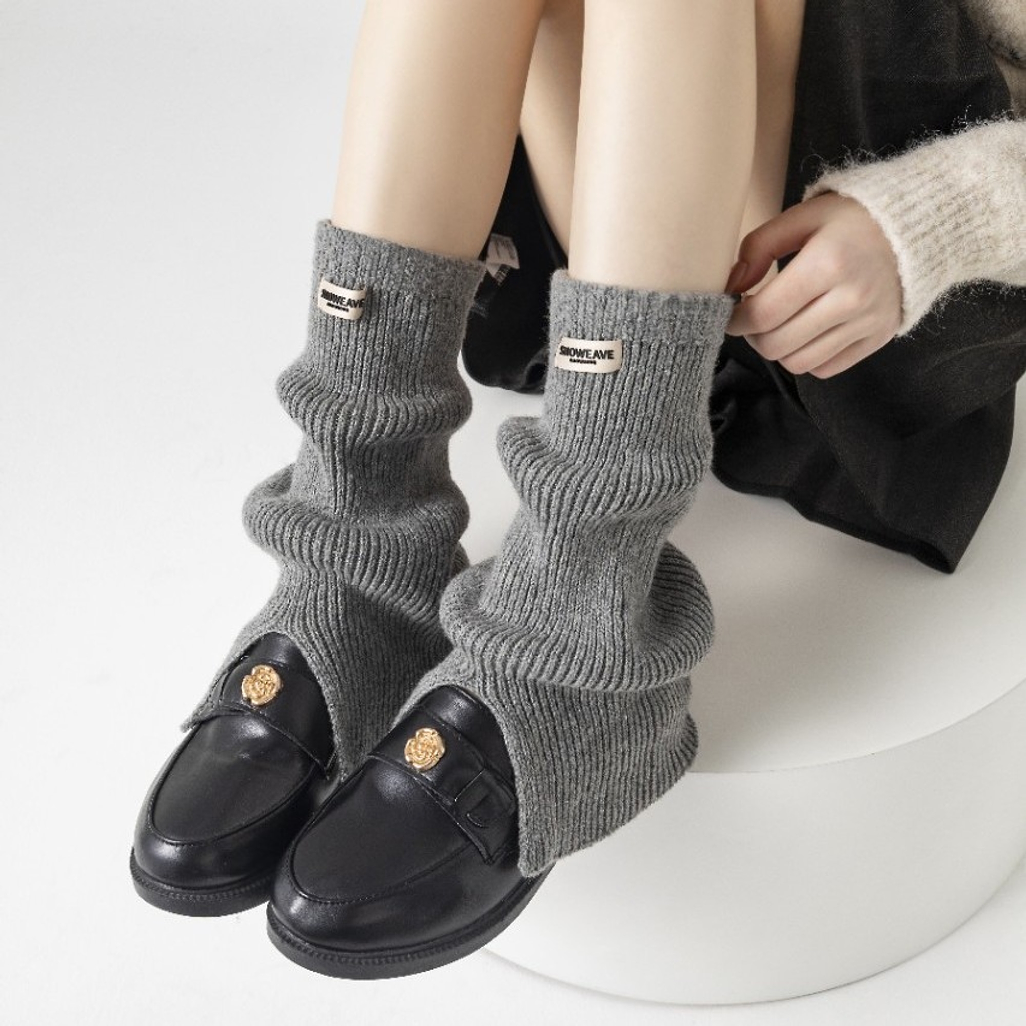 Split-Hem Knitted Leg Warmers with Label | W-071