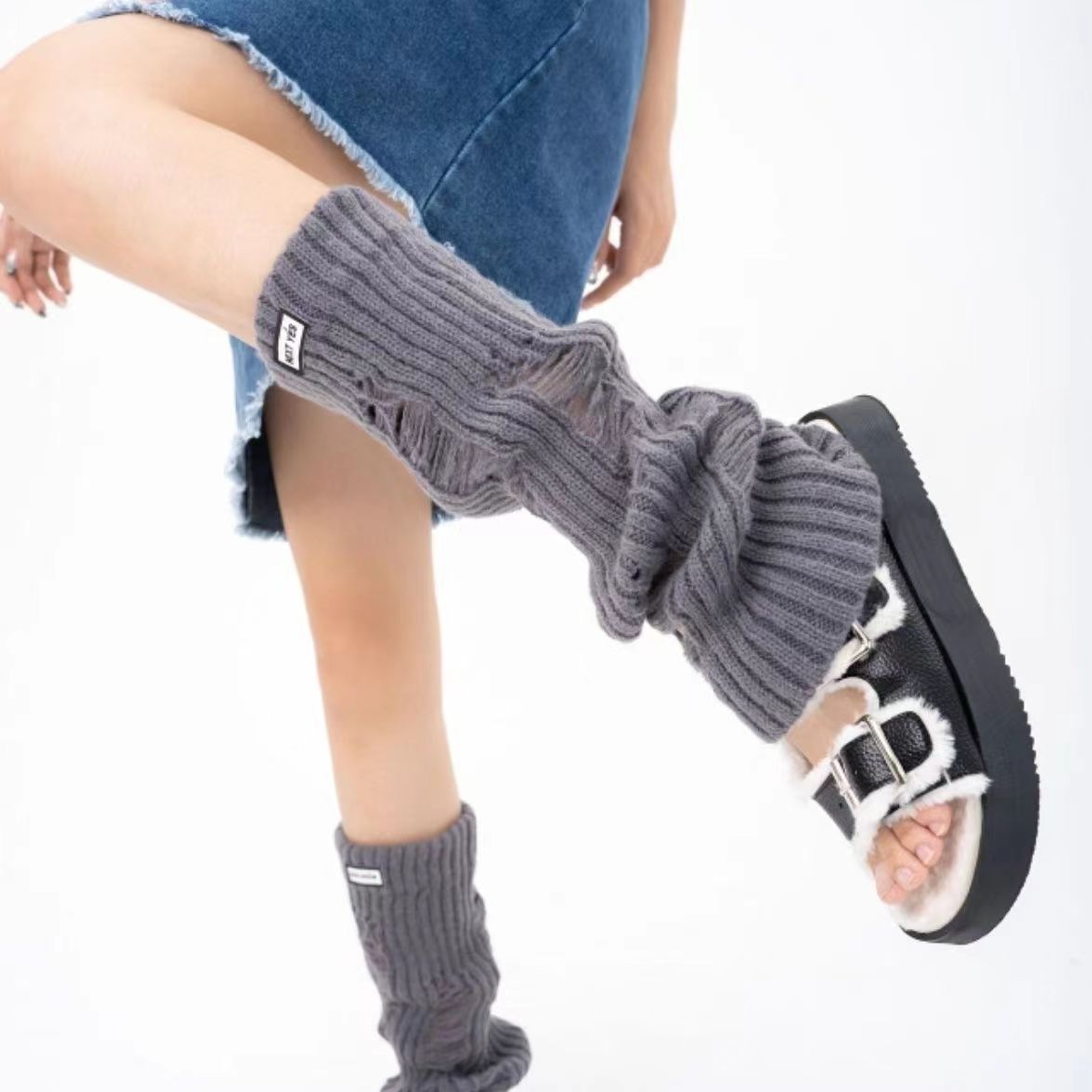 Distressed Knit Leg Warmers with Label | QF-034
