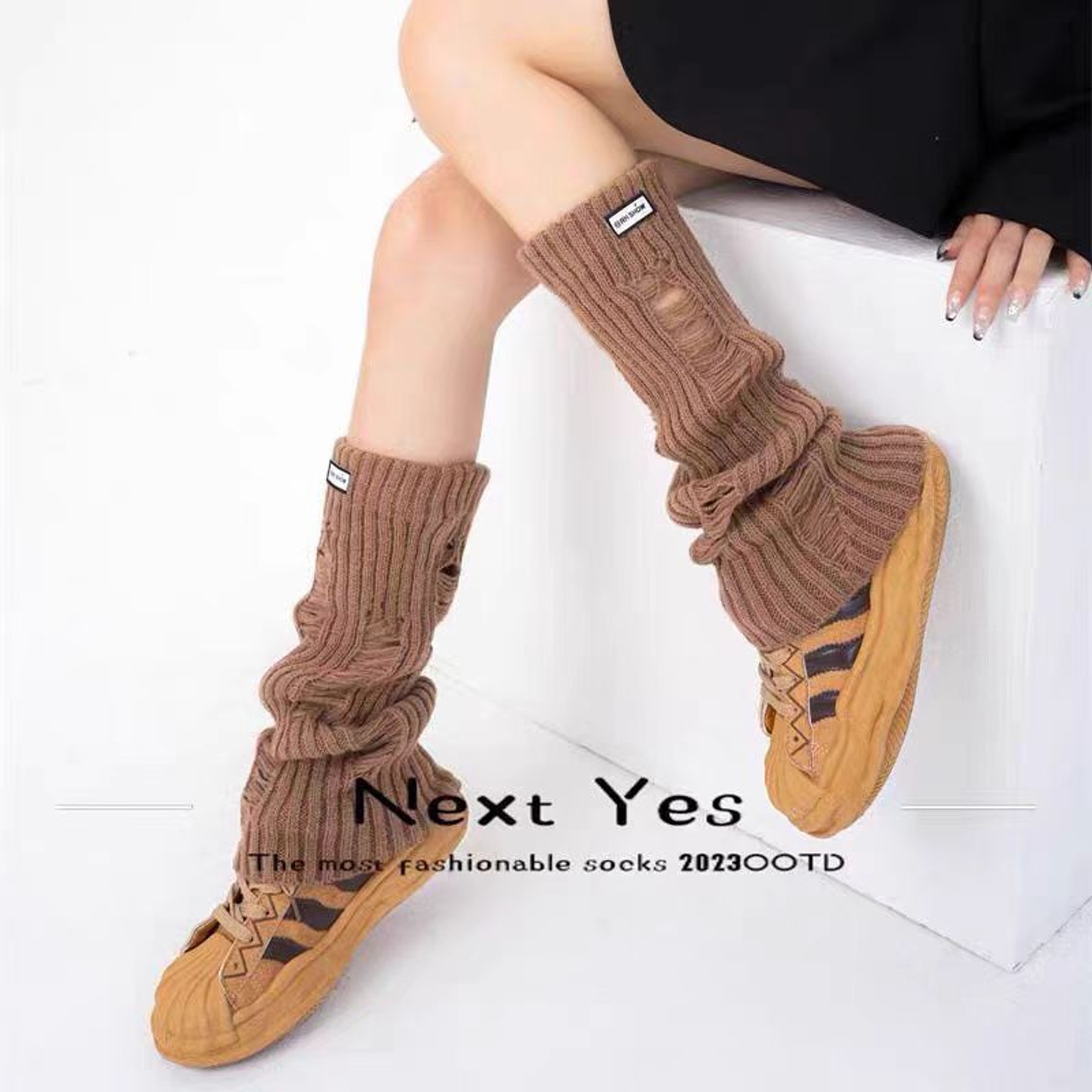 Distressed Knit Leg Warmers with Label | QF-034