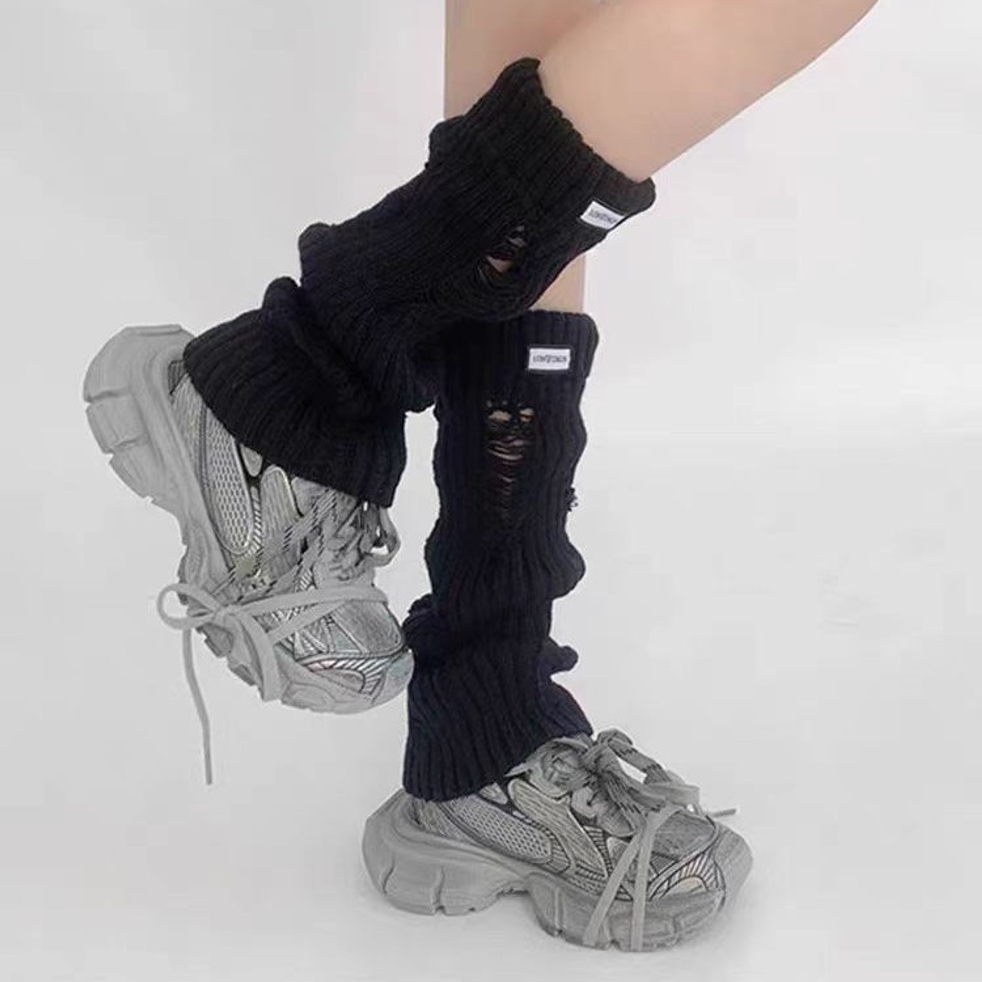Distressed Knit Leg Warmers with Label | QF-034