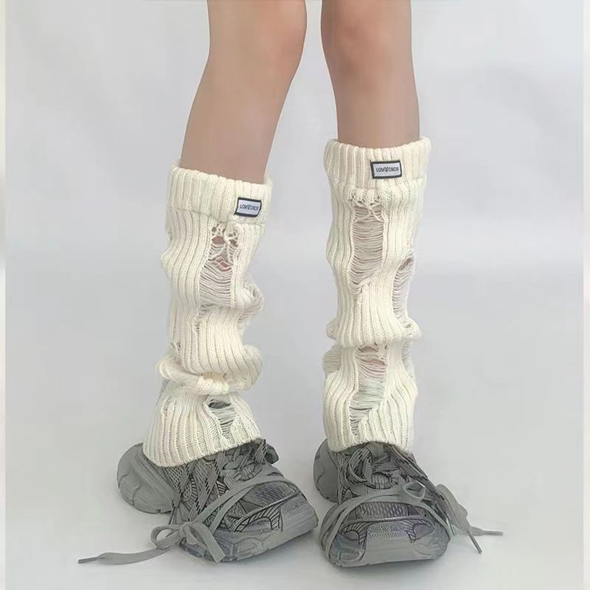 Distressed Knit Leg Warmers with Label | QF-034