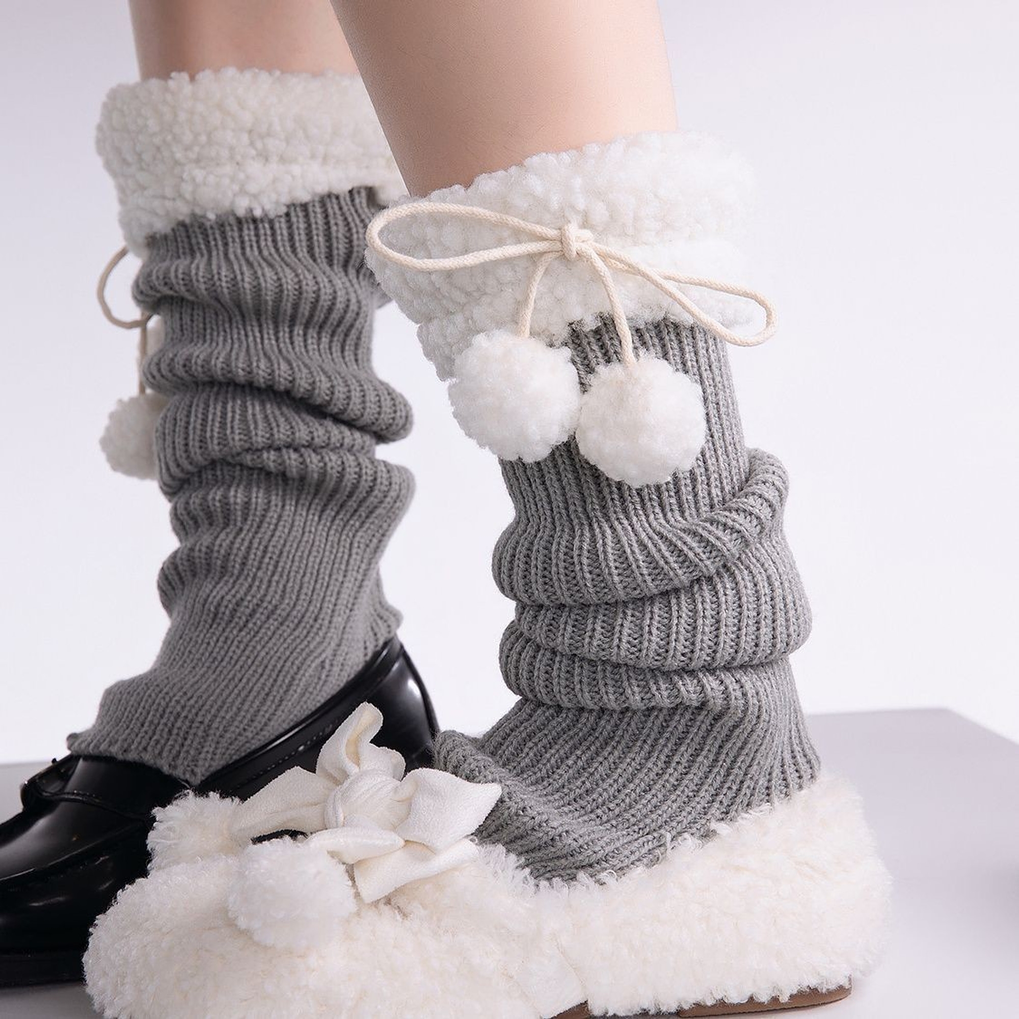 Textured Stirrup Leg Warmers with Pom-Pom Ties | QF-013