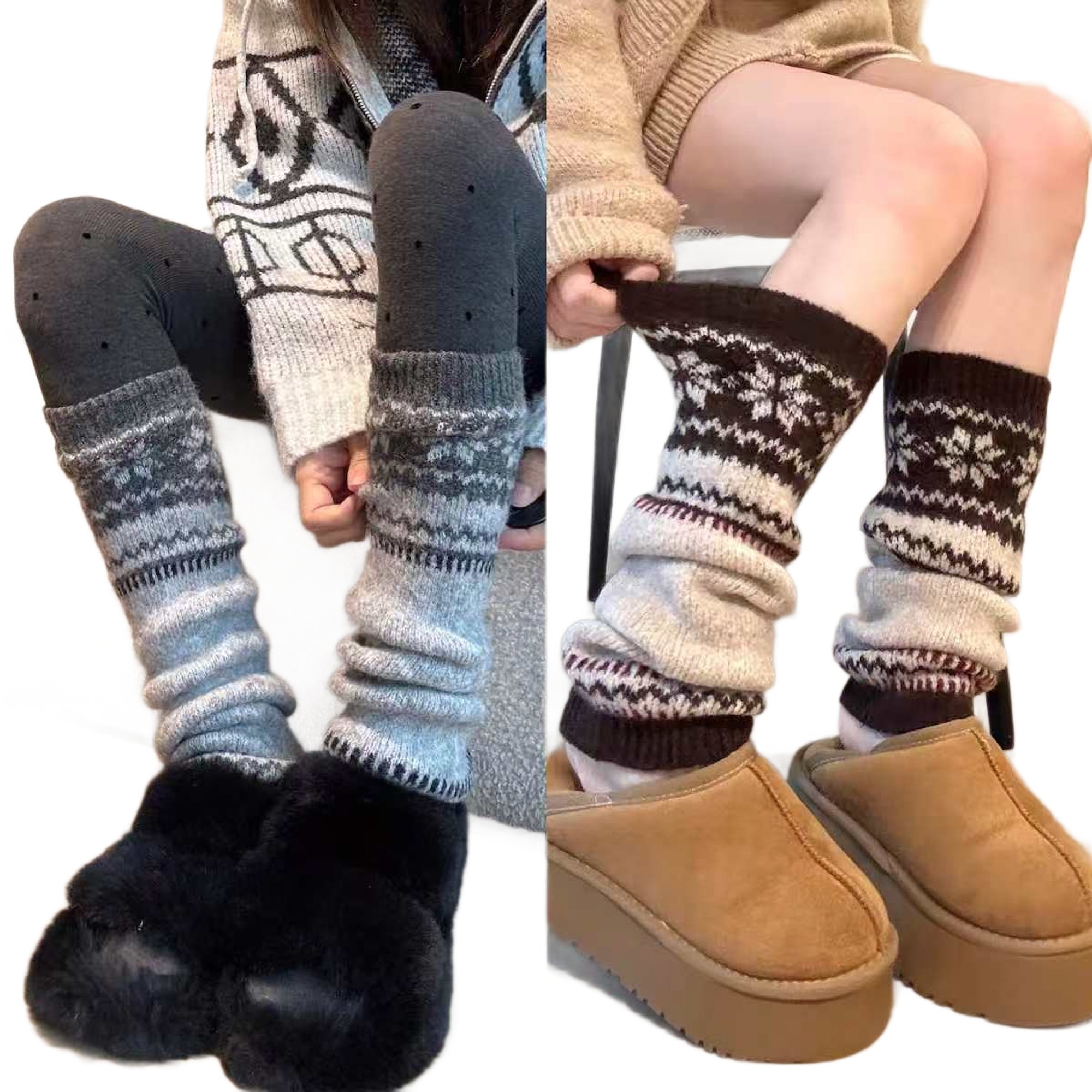 Fair Isle Snowflake Knitted Leg Warmers | QF-073