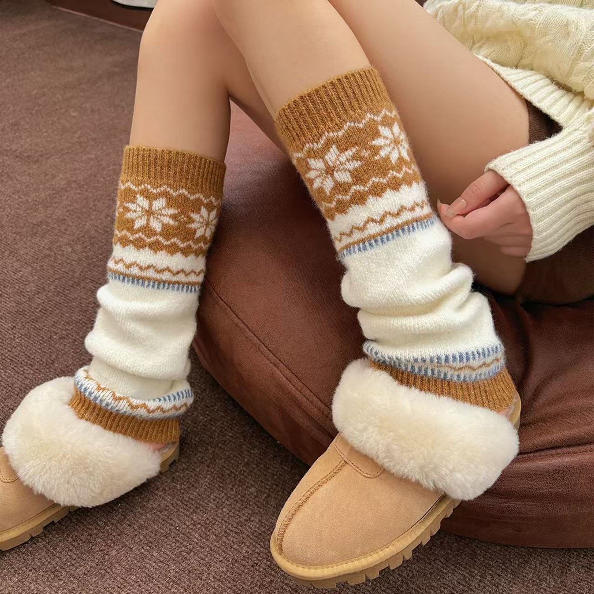 Fair Isle Snowflake Knitted Leg Warmers | QF-073