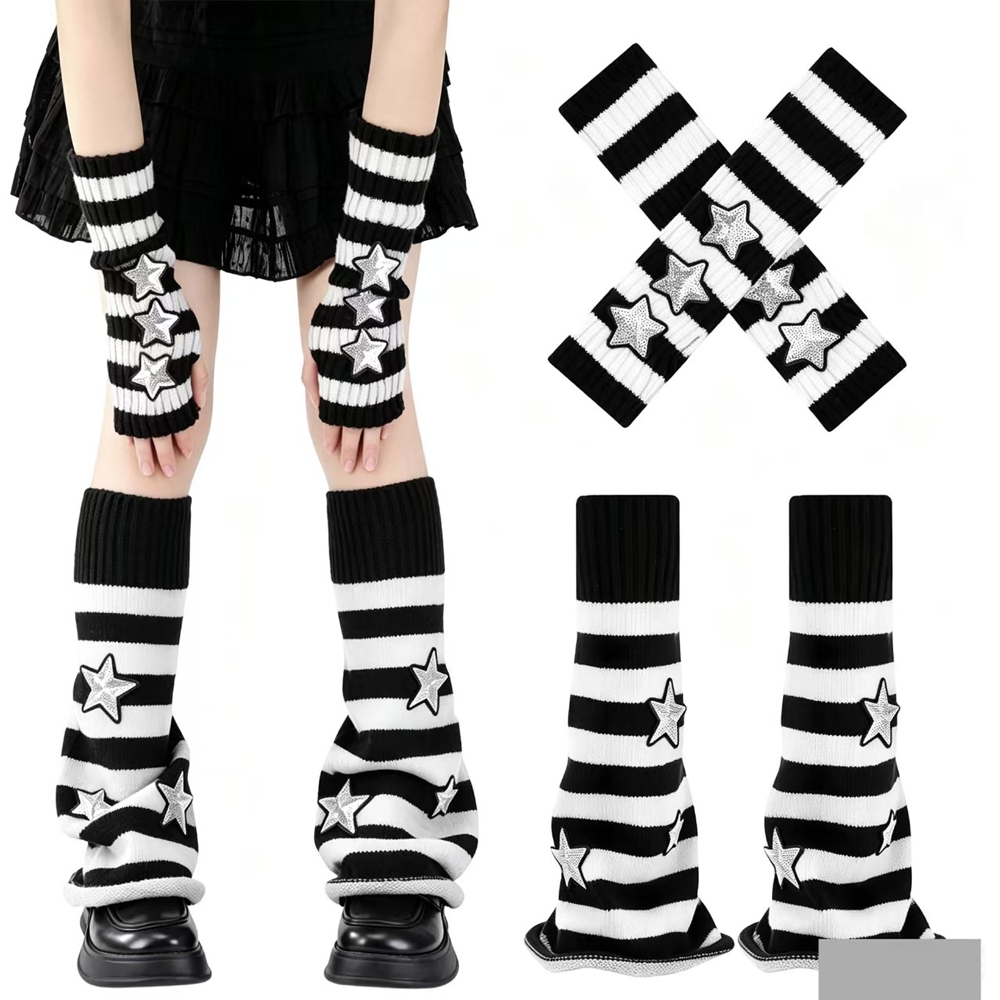Star Motif Knitted Leg and Arm Warmer Set | QF-010
