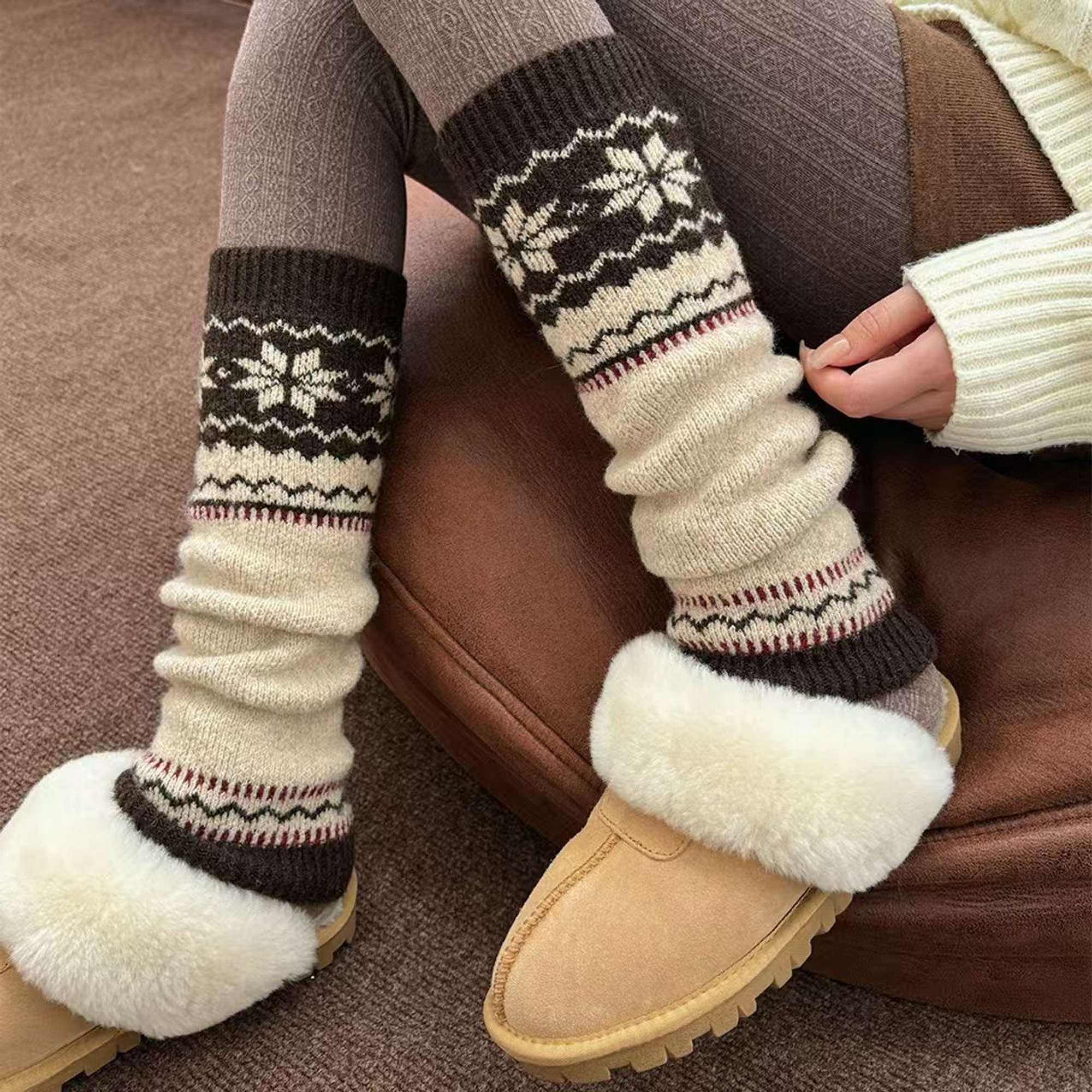 Fair Isle Snowflake Knitted Leg Warmers | QF-073