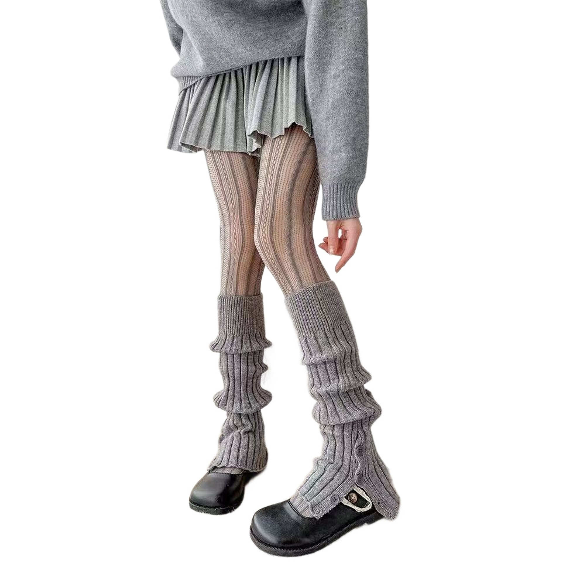 Button-Detail Ribbed Long Leg Warmers | QF-078