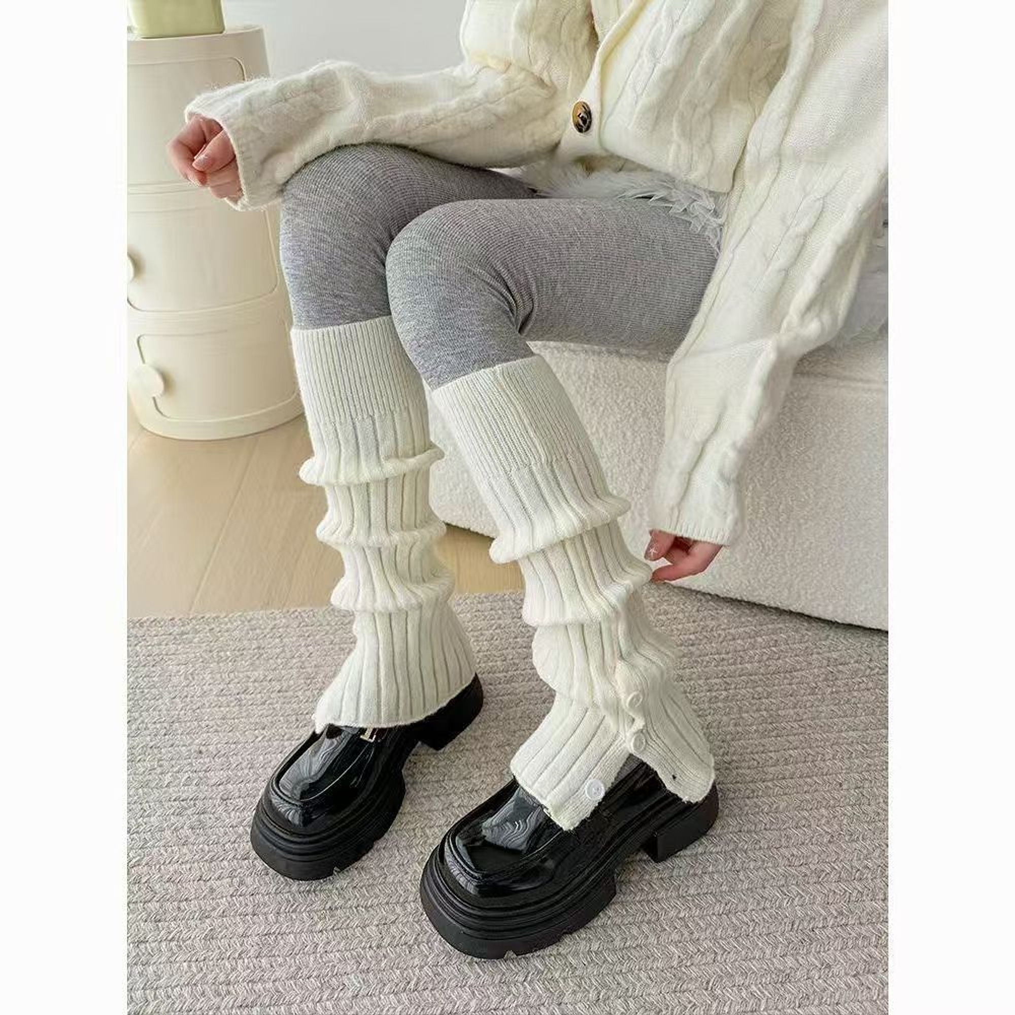 Button-Detail Ribbed Long Leg Warmers | QF-078