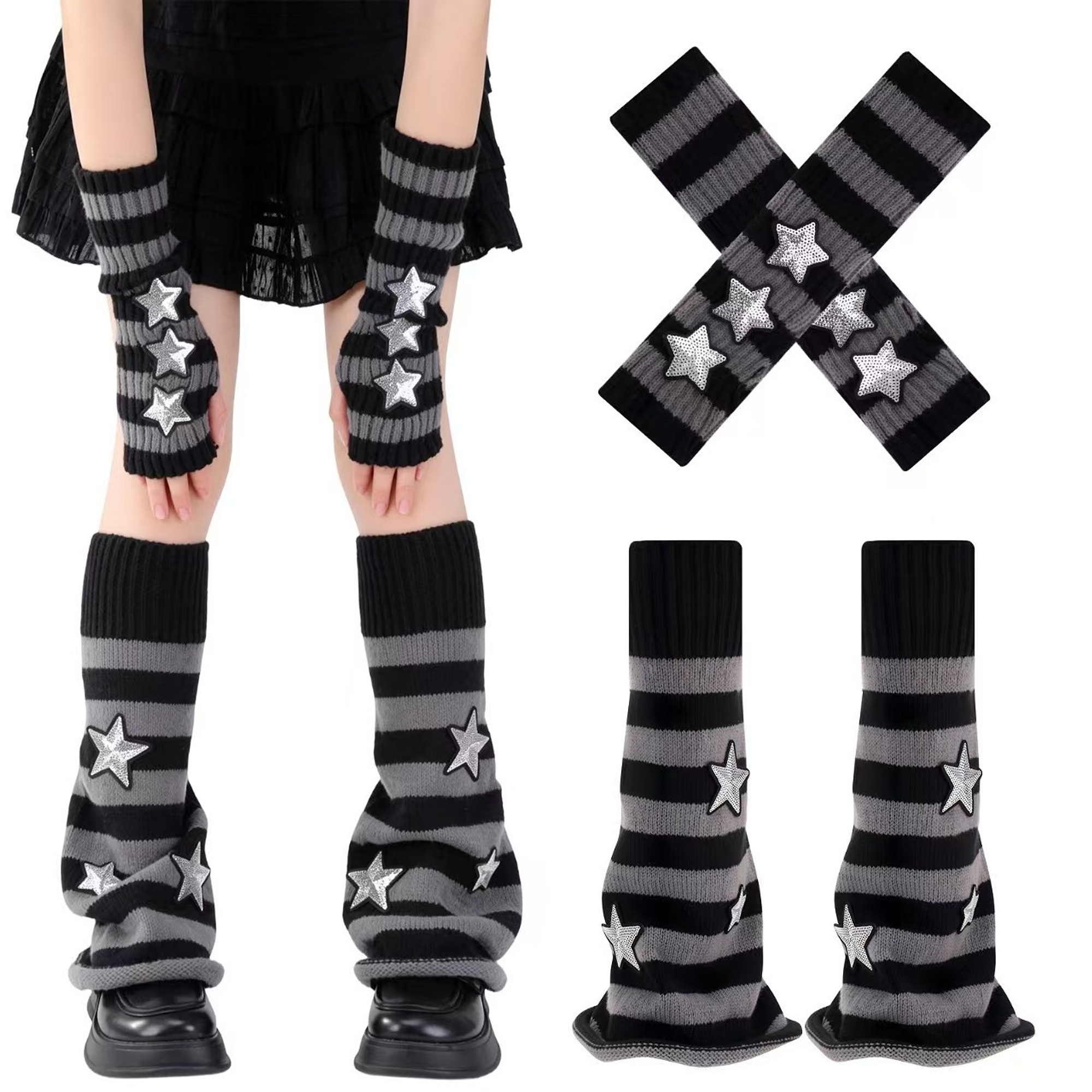Star Motif Knitted Leg and Arm Warmer Set | QF-010