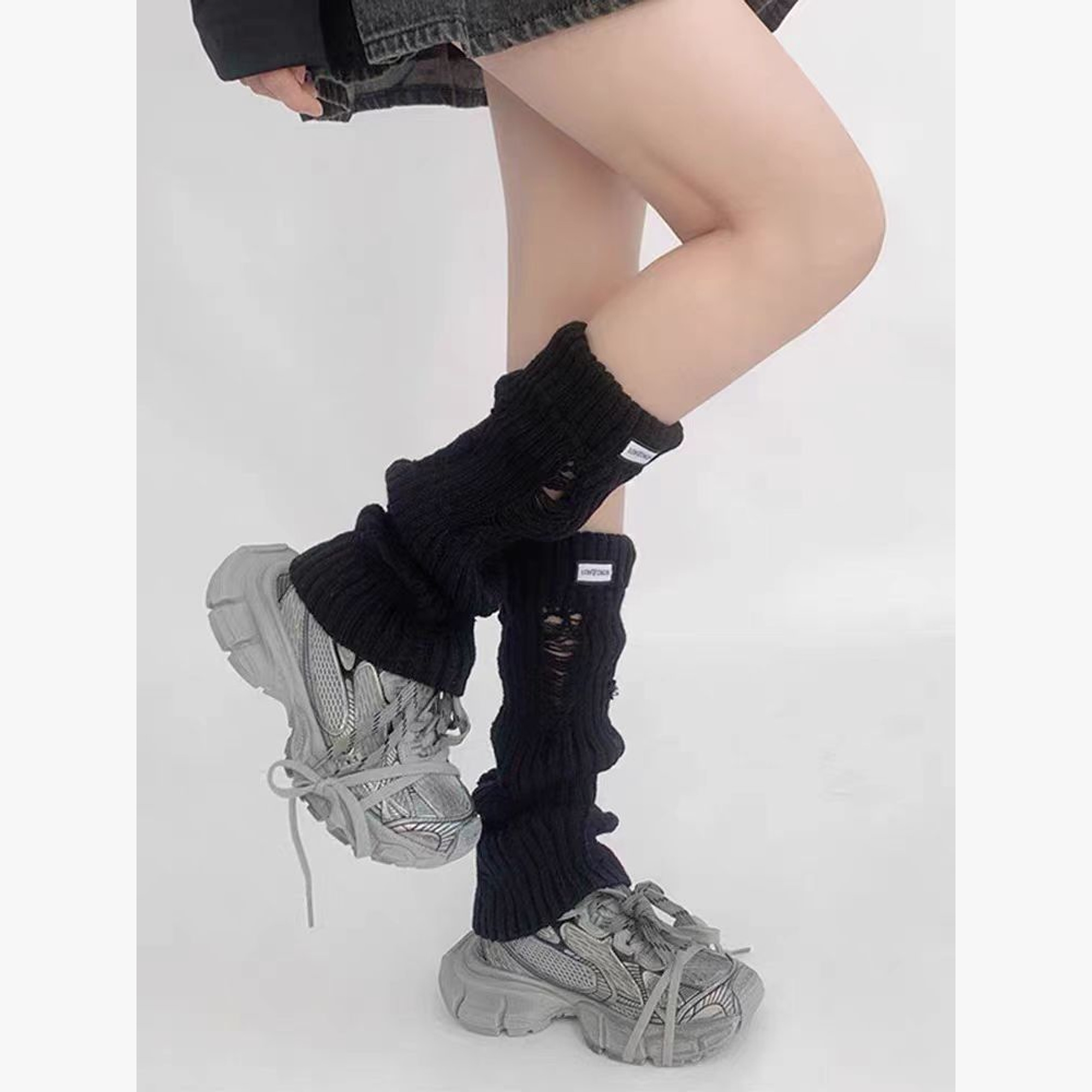 Distressed Knit Leg Warmers with Label | QF-034