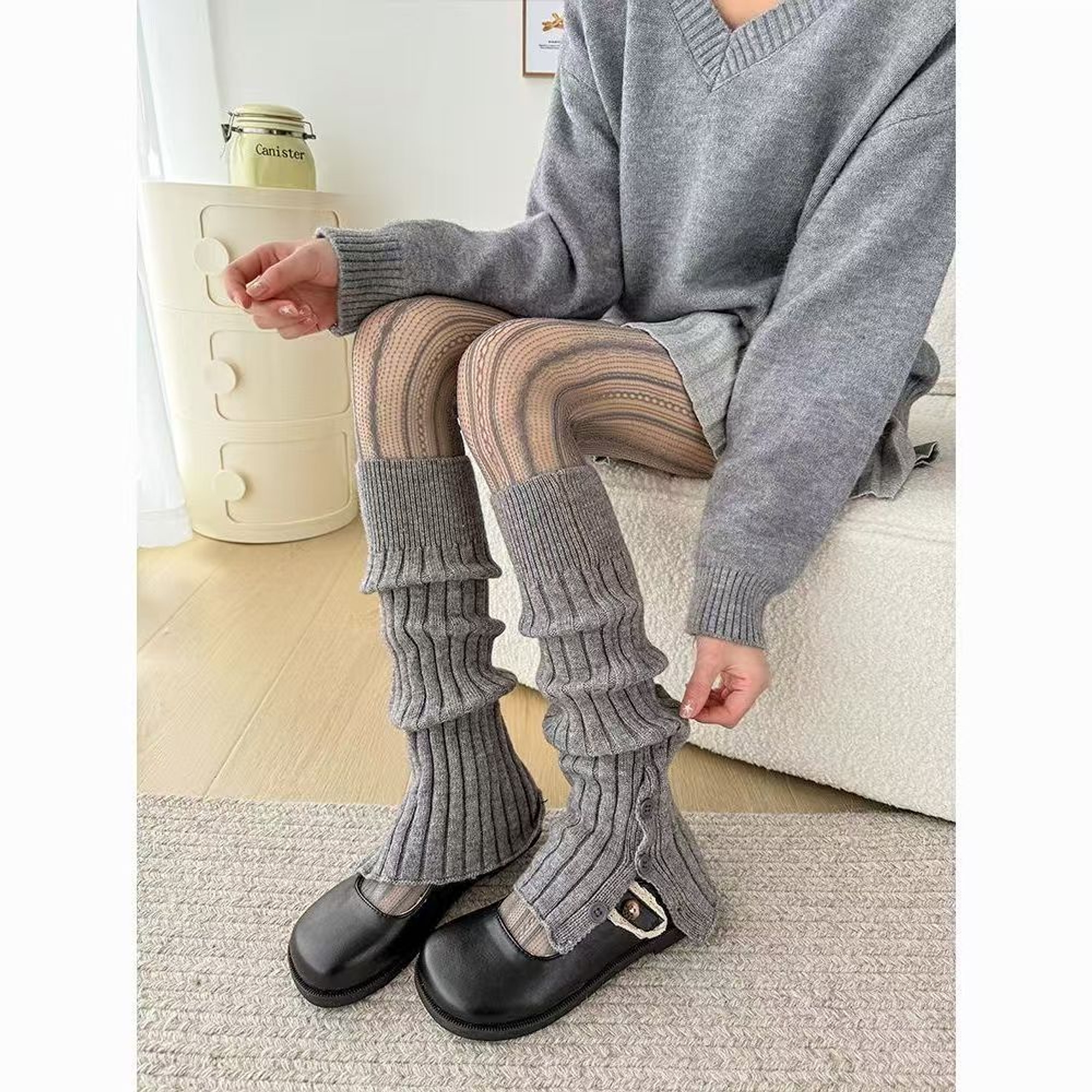 Button-Detail Ribbed Long Leg Warmers | QF-078