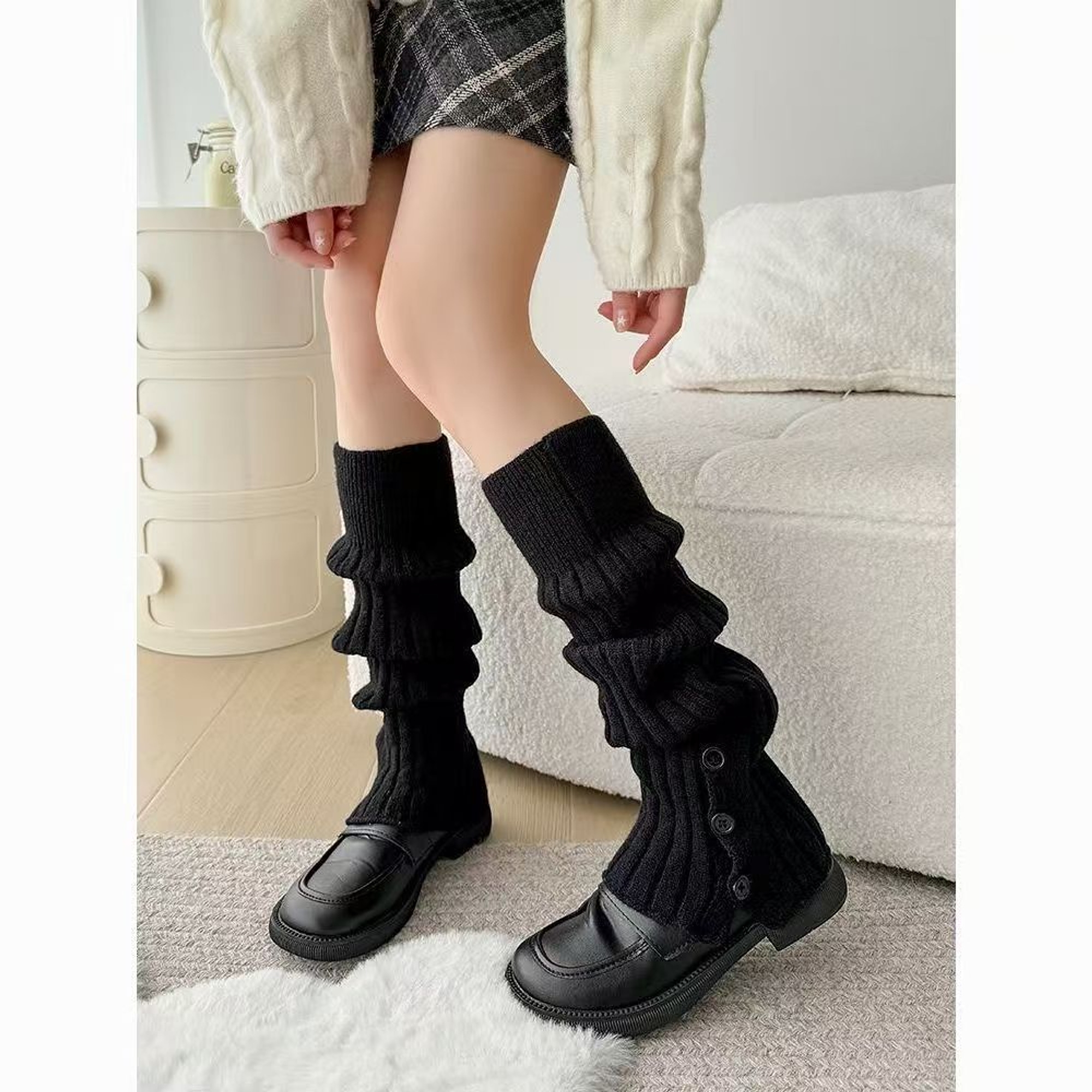 Button-Detail Ribbed Long Leg Warmers | QF-078