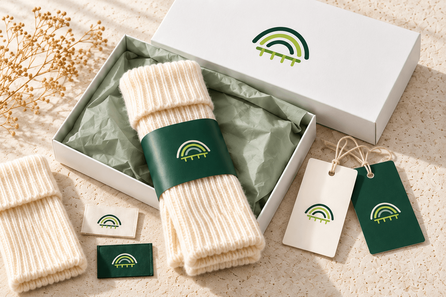 Illustrative Qunfang packaging concept with folded knitwear, labels, tags and a presentation box