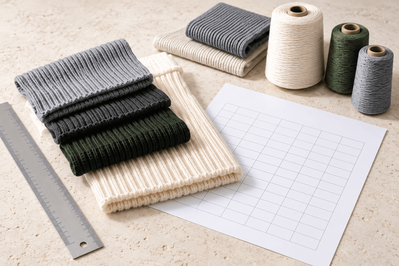Illustrative quality-check still life with folded knit samples, a ruler and an inspection sheet